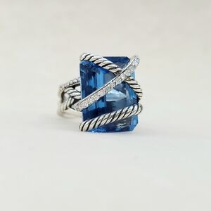David Yurman 20×15 Hampton Blue Topaz Cable Wrap Ring With Diamonds